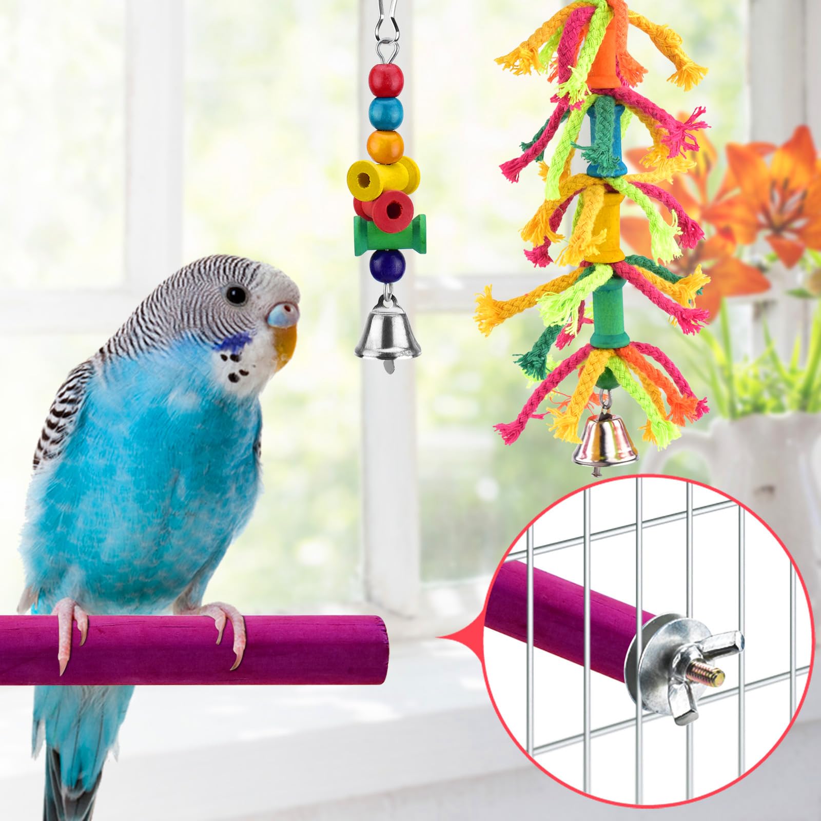 Katumo Bird Toys, Parrot Swing Parakeet Ladder Conure Wood Perch Bird Chew Toys Cockatiel Hanging Bell Toys For Parakeet, Conure