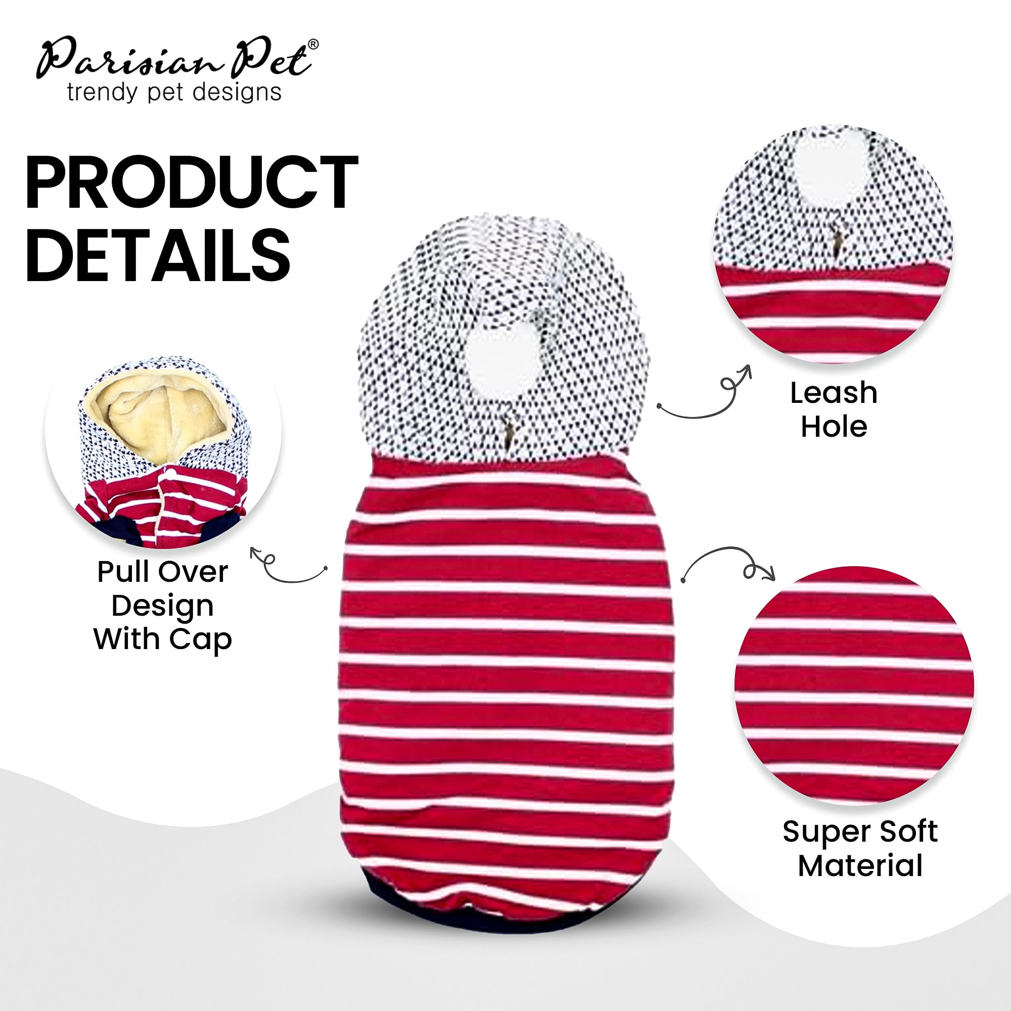 Parisian Pet Basic Hoodie - Lightweight Red Striped Pom Pom Sweatshirt For Dogs - Pullover With Leash Hole And Pockets - Clothes