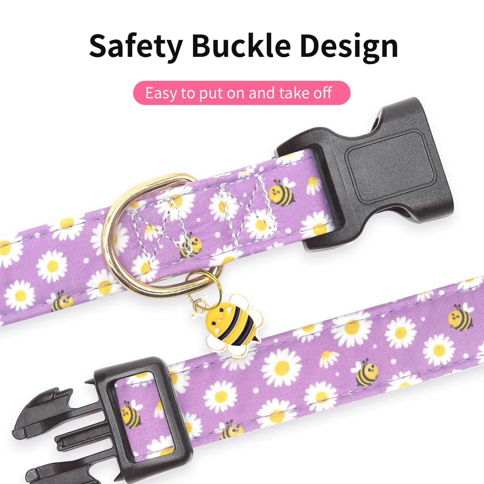 Gelwoo Cotton Dog Collar,Soft and Cute Puppy Collars with Bee Patterned Design for Girl Female Boy Dogs,Adjustable Buckle Pet Co