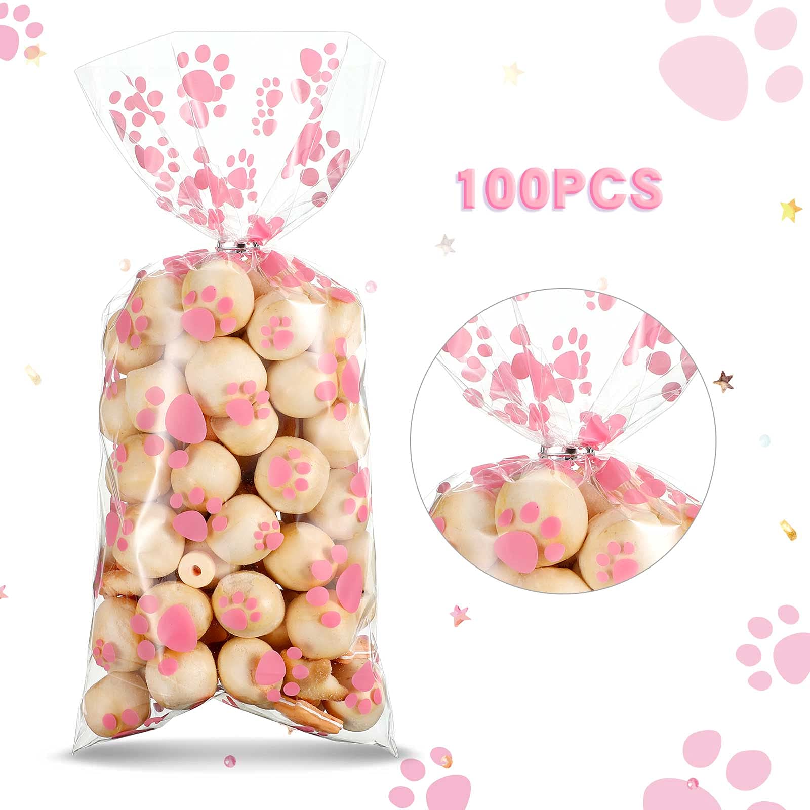 Blulu 100 Pieces Pet Paw Cone Cellophane Bags Heat Sealable Candy Dog Paw Gift Cat Treat Bags With 100 Pieces Silver Twist Ties
