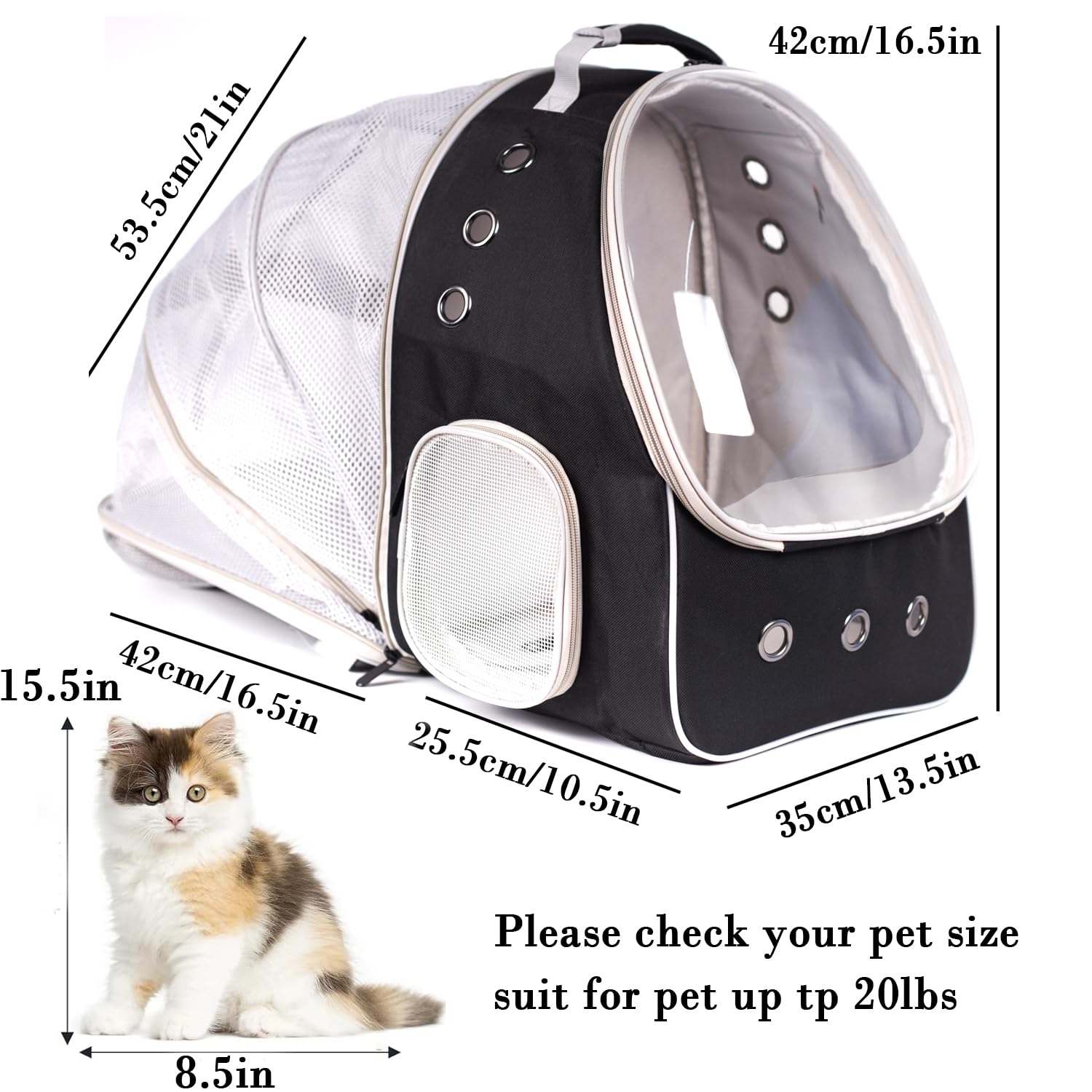 Cat Travel Backpack Carrier, Fit Up To 12 Lbs, Space Capsule Bubble Window Pet Carrier Backpack,Airline-Approved, Designed For Travel, Hiking, Walking & Outdoor Use (Black, Back-Extension)