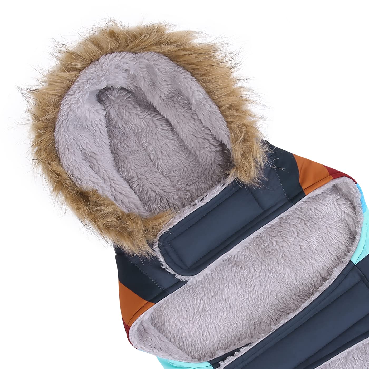 Hde Dog Puffer Jacket Fleece Lined Warm Dog Parka Winter Coat With Harness Hole Navy Retro Stripe - L