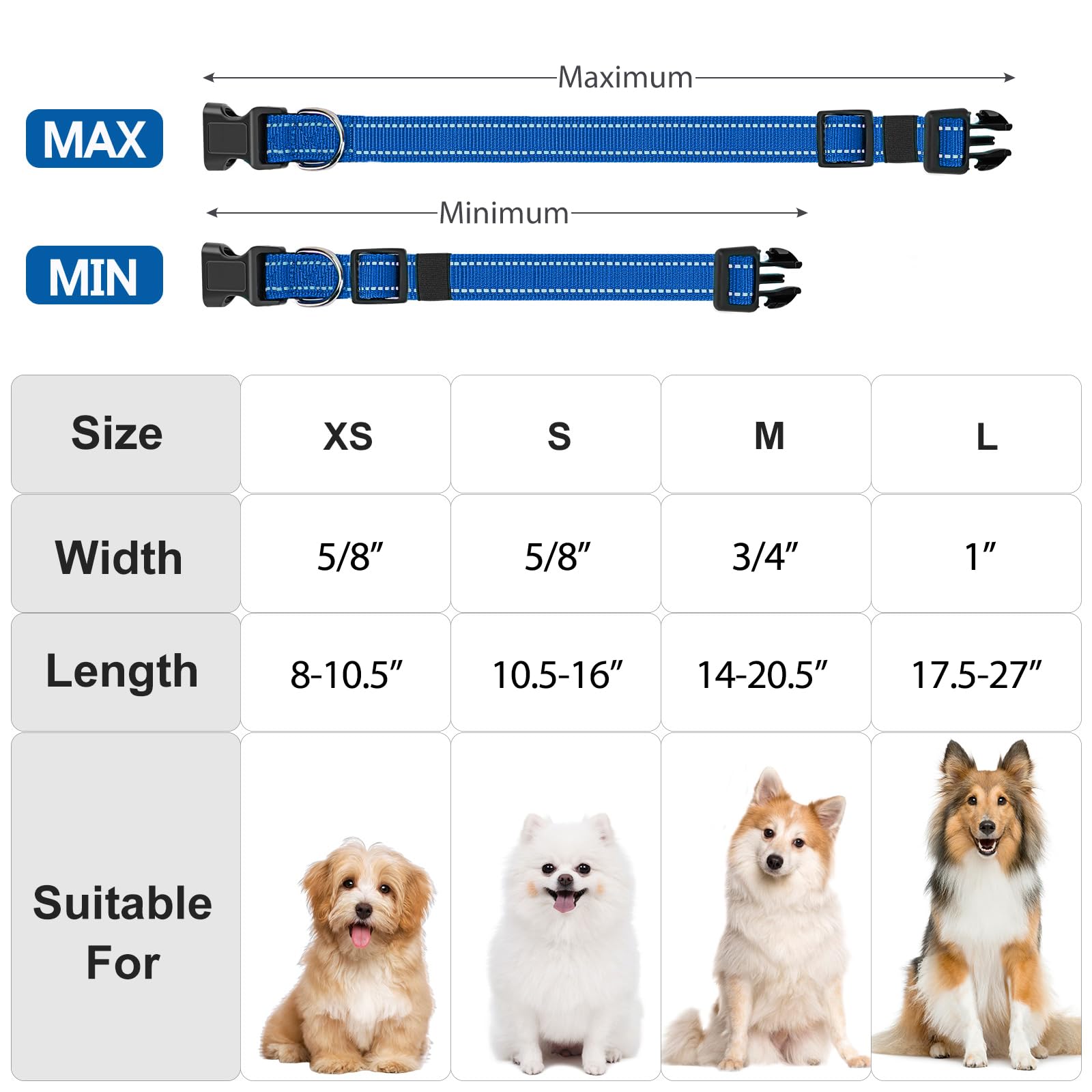 Penseepet Reflective Dog Collar Padded With Soft Neoprene Breathable Quick Release Basic Dog Collars For Medium Large Dogs Blue Boy Girl