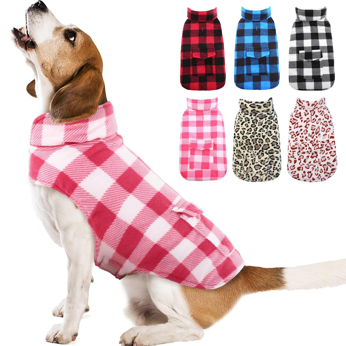 Kuoser Dog Winter Coat, Windproof Dog Fleece Jacket British Style Plaid Cold Weather Dog Vest Coats, Reversible Cozy Warm Dog Clothes Pet Apparel For Medium Dogs M