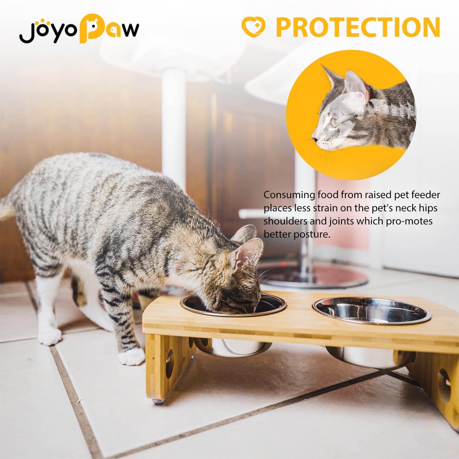 Elevated Dog Bowls, Bamboo Raised Dog Bowl For Small Dogs & Cats, With 2 Stainless Steel Bowls (4'' Tall-20Oz Bowl, Natural)