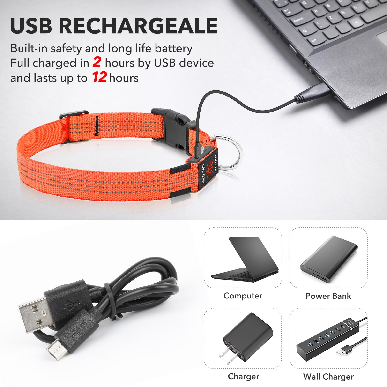 Illumifun Led Dog Collar Usb Rechargeable Light Up Dog Collar, Reflective Pet Safety Collar Light Glow In The Dark (Orange?, Med