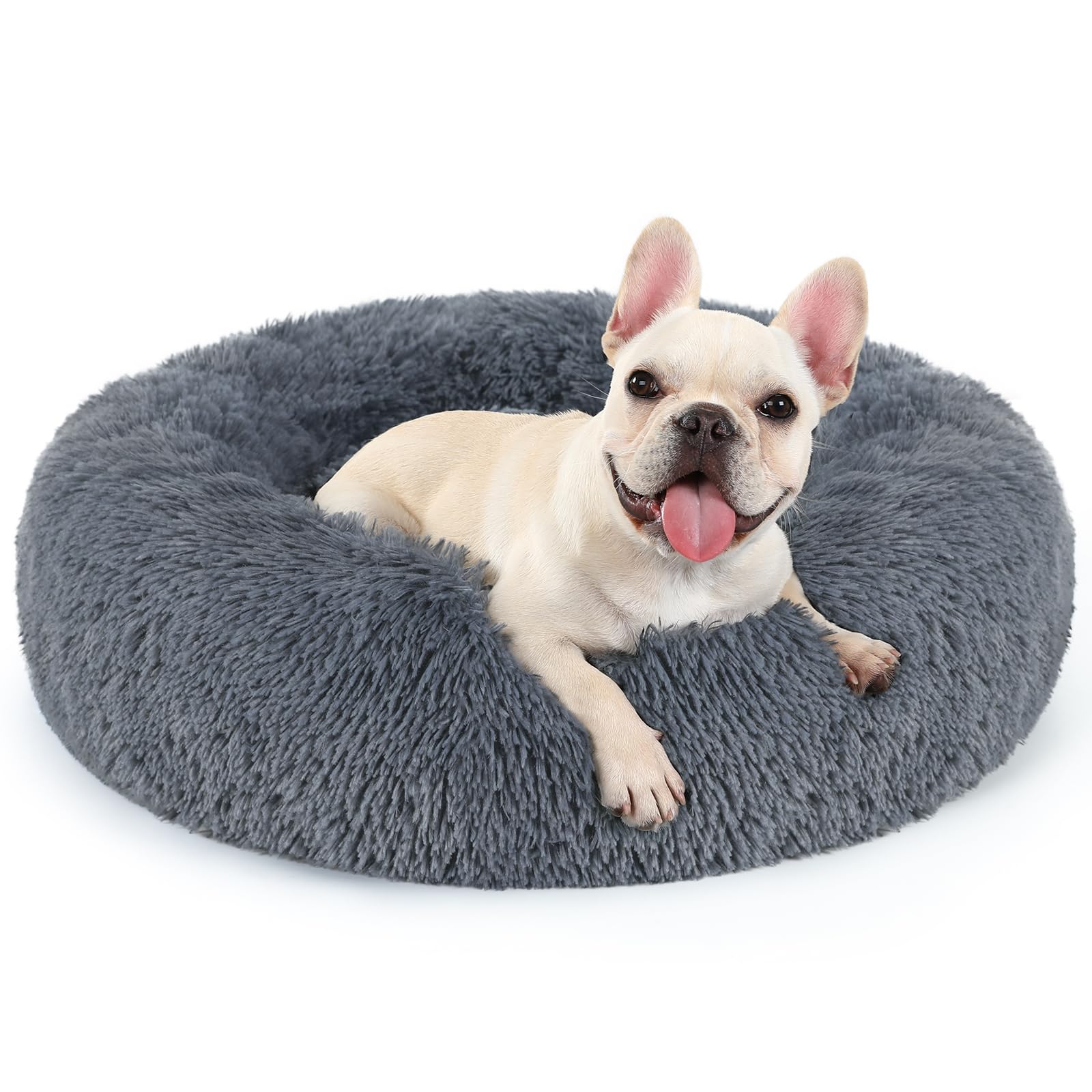 Rabbitgoo Cat Beds For Indoor Cats, 24 Inches Cat Bed Machine Washable, Fluffy Round Pet Bed Non-Slip, Calming Soft Plush Donut Cuddler Cushion Self Warming For Small Dogs Kittens, Dark Grey, Large