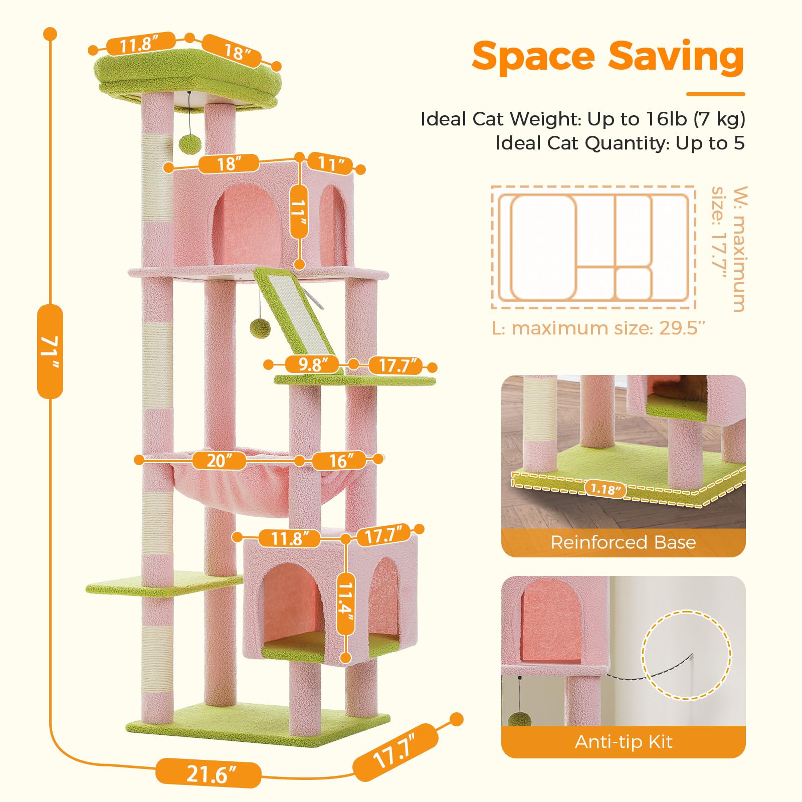 Uymi 71 Inch Tall Pink Cat Tree For Indoor Cats Large Adult, Multi-Level Cat Tower With Extra Large Hammock, 2 Cat Caves, Spacio