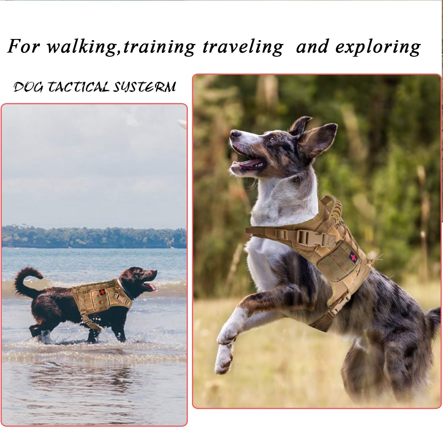 Hanshengday Tactical Service Dog Vest Harness for Medium Large Dog, Military K9 Training Dog Vest with Molle System Adjustable T
