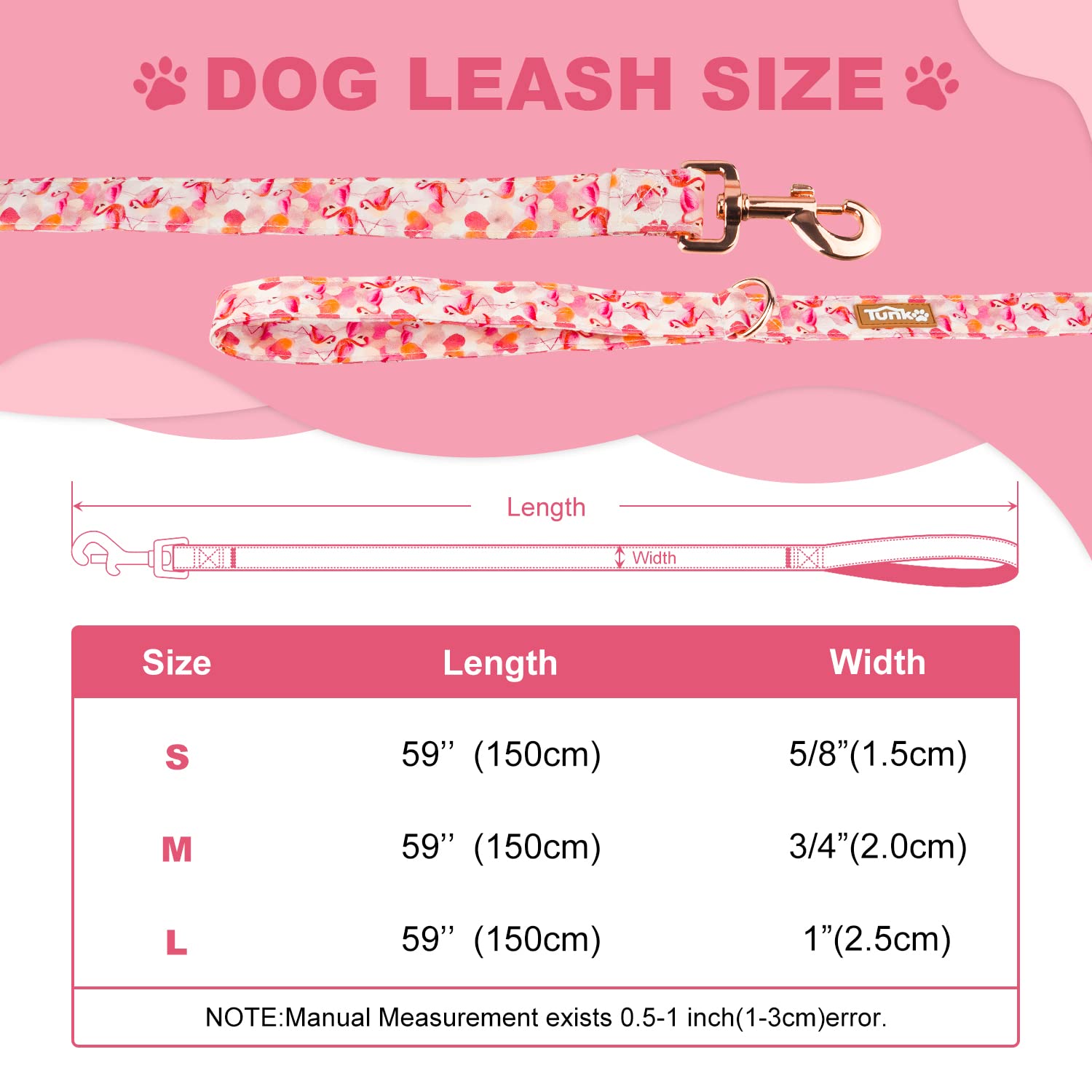 Tunkoo Pink Flamingo Heart Dog Leash - Stylish, Safe, Comfortable For Small Medium Large Dogs Pets Daily Walking M