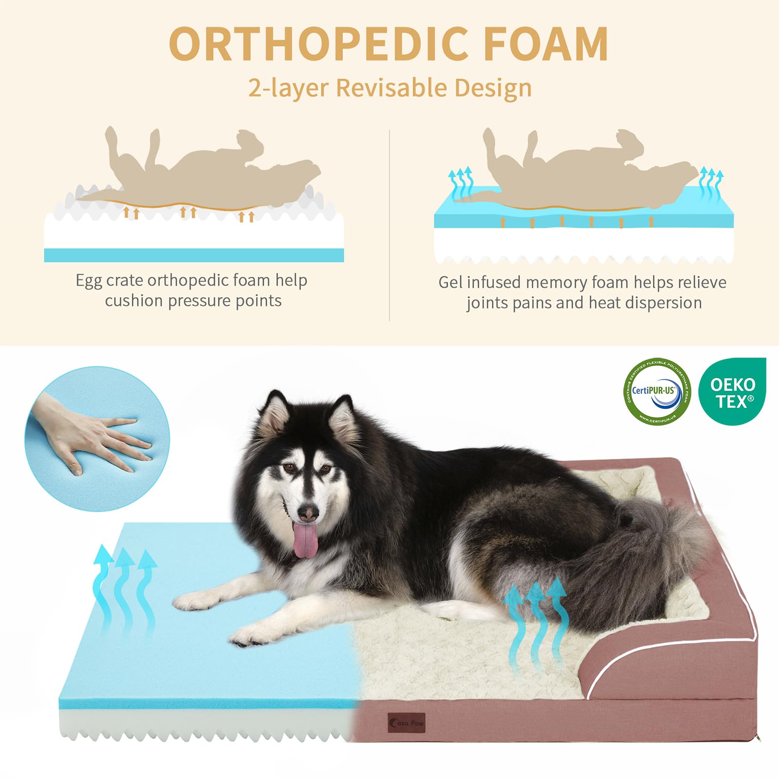 Casa Paw Orthopedic Dog Beds For Large Dogs, Waterproof Memory Foam Large Sized Dog Bed With Sides, Non-Slip Bottom And Egg-Crat