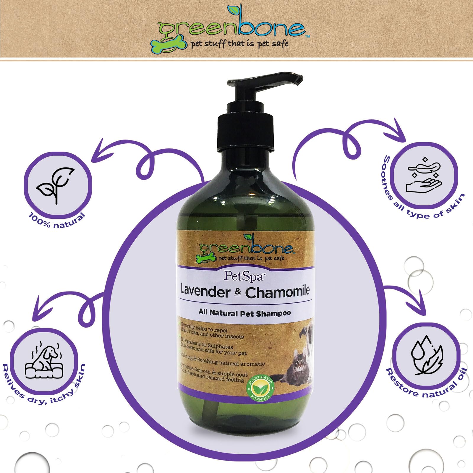 Greenbone Pet Spa All-Natural Plant-Based Shampoo - Lavendar & Chamomile - Calming & Soothing