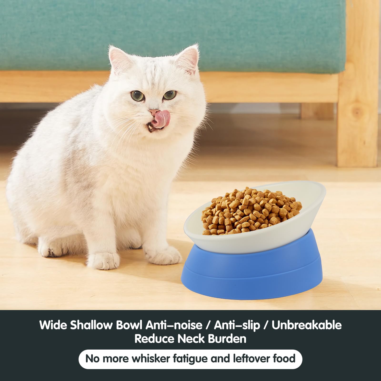 Bulldog Bowl Anti-Slip Dog Cat Dish Detachable Rubber Dog Bowl Pet Sterile Tilted Pet Feeder Slope Base (Blue, 2 Cup (Small/Medi