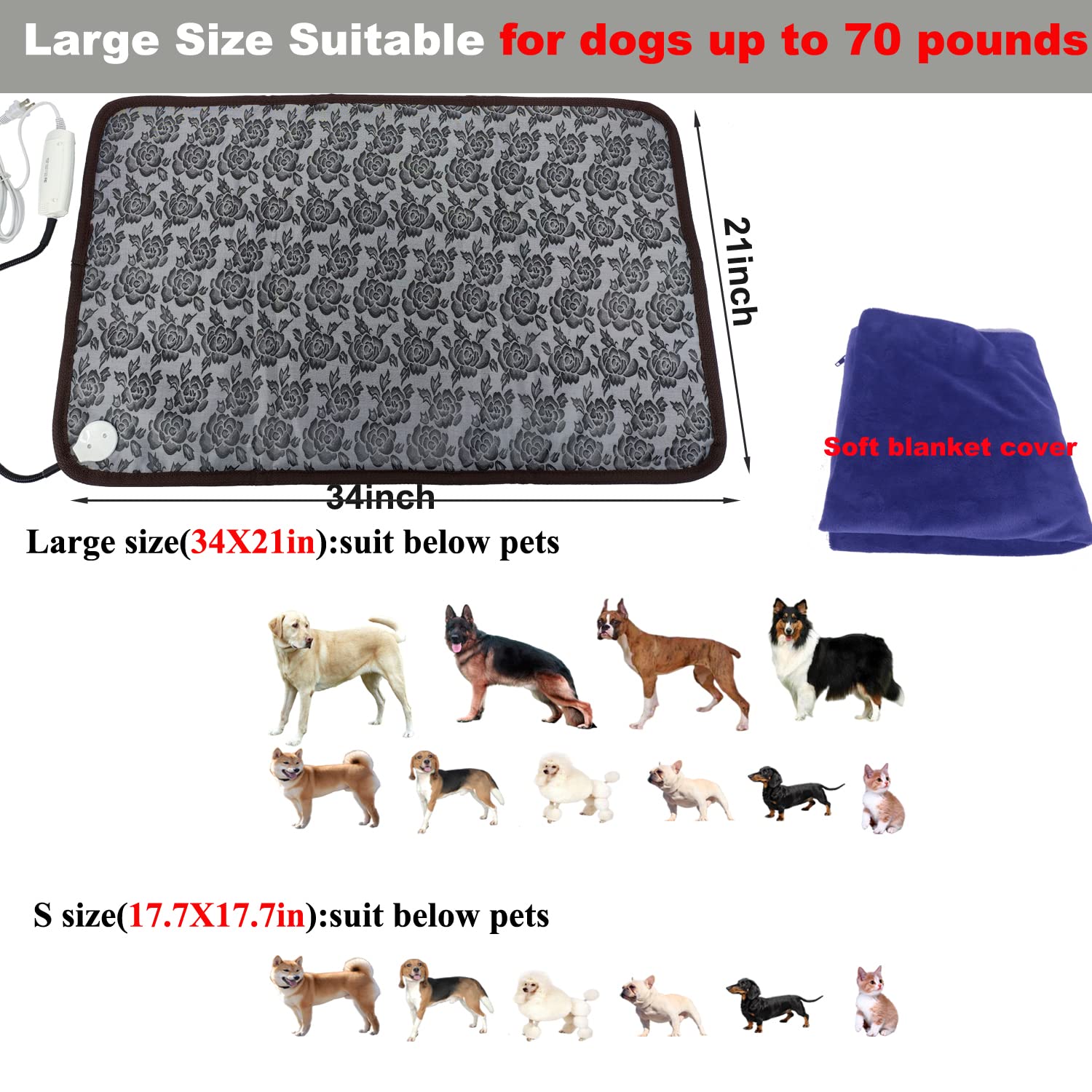 Pet Heating Pad Large Dog Cat Heated Bed Mat 34X21 Inch Dog Heating Pad With Soft Washable Cover Electric Heating Pad Keep Pets Warmer Water Resistant Chew Resistant Cord