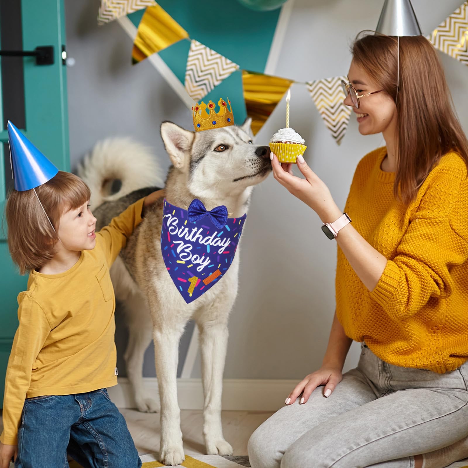 Ptdecor Dog Birthday Party Supplies, Birthday Boy Bandana Golden King Crowns With Numbers Puppy Blue Dog Bow Set For Large And E