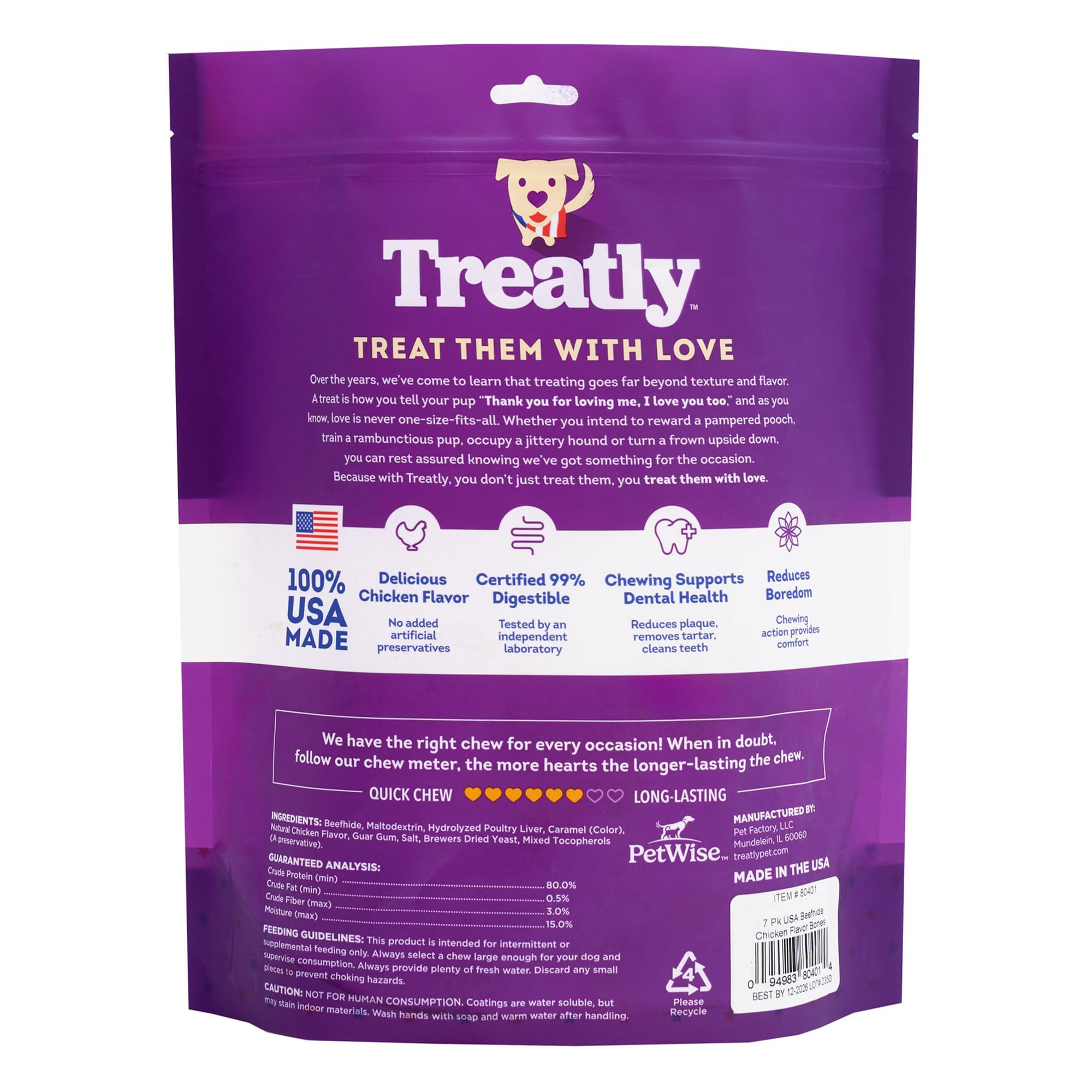 Treatly USA Beefhide Bones 5-6 Dog Chew Treats - Chicken Flavor, 7 Count/1 Pack