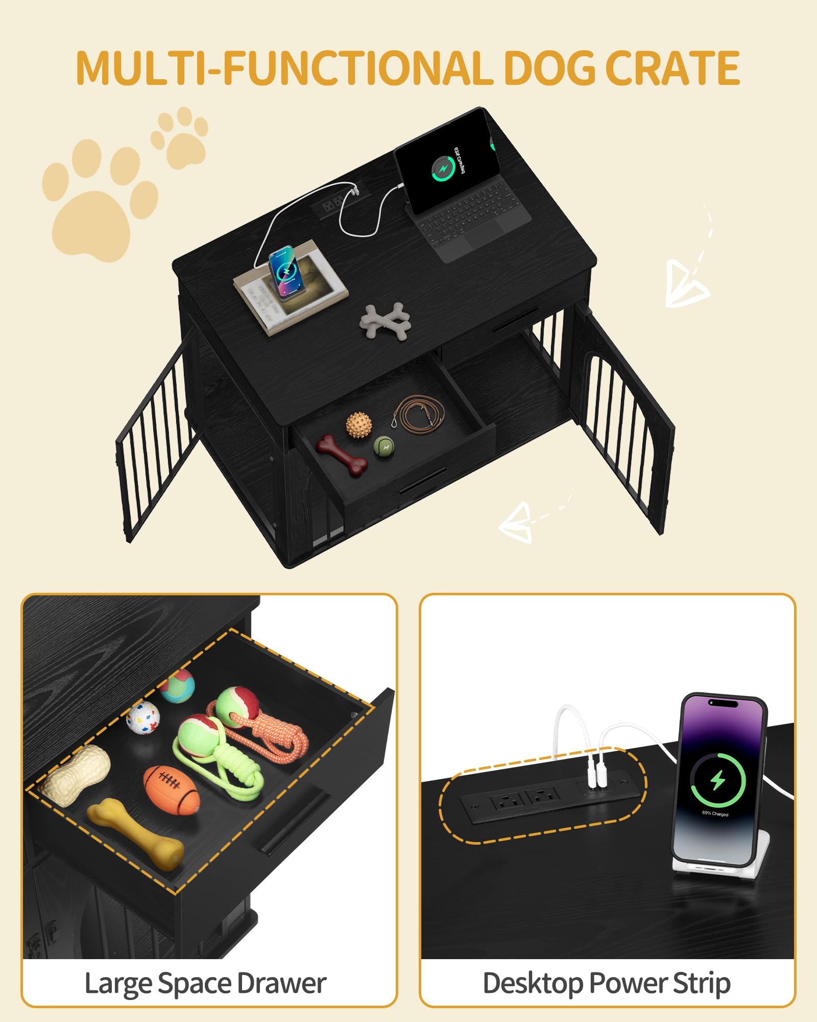 Hzuaneri 43.3 Large Dog Crate Furniture with 2 Storage Drawers, Heavy Duty Dog Kennel Indoor with Charging Station, Wooden Dog