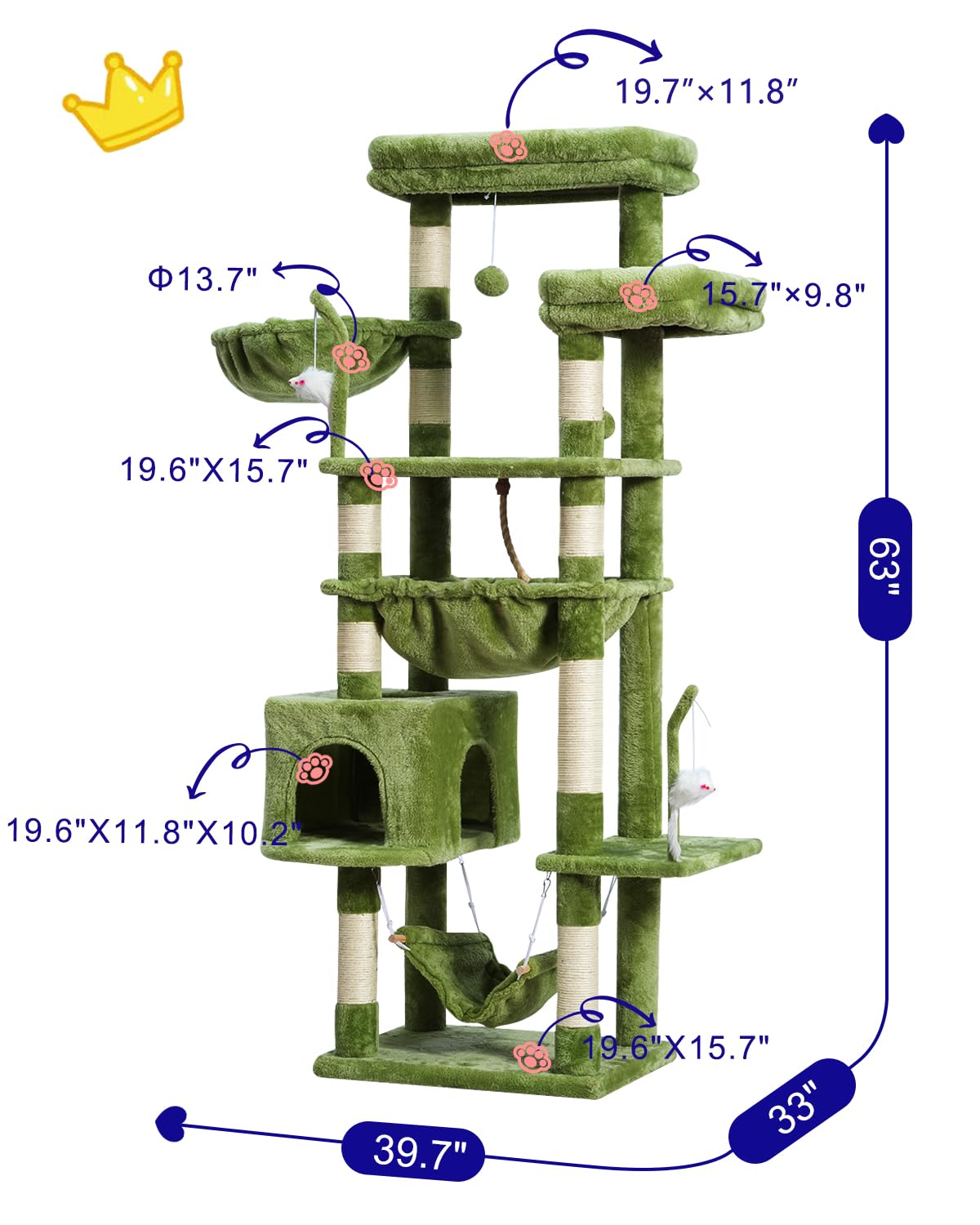 Gitelsnour Cat Tree, Cat Tower for Large Cats with 2 Big Platforms, 2 Baskets, condo and Toys, 63  Cat Scratching Posts for Indo
