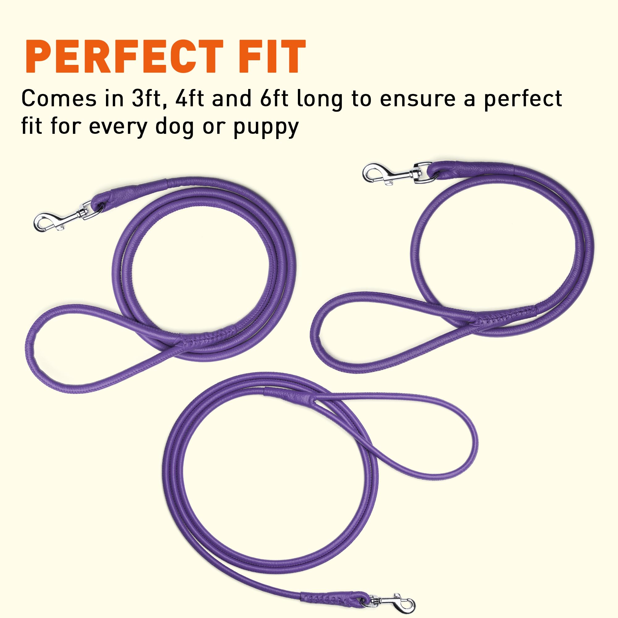 Dogline 1/4-Inch Wide Soft Padded Rolled Round Leather Dog Leash Lead, 4-Feet, Purple