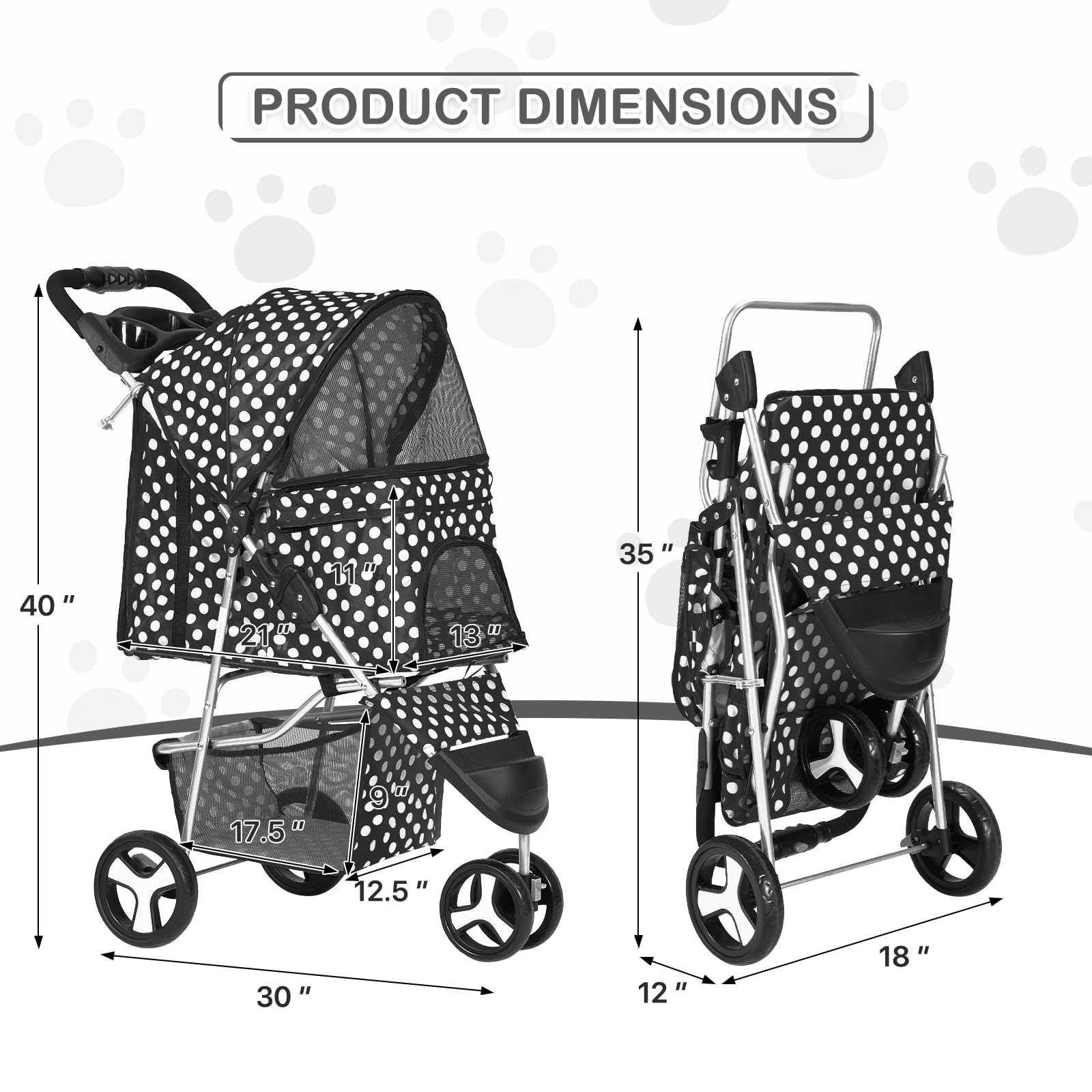 Monibloom 3 Wheels Pet Dog Cat Stroller For Small Medium Dogs Cats, Foldable Jogger Stroller W/Storage Basket And Cup Holder, Black Polka Dots