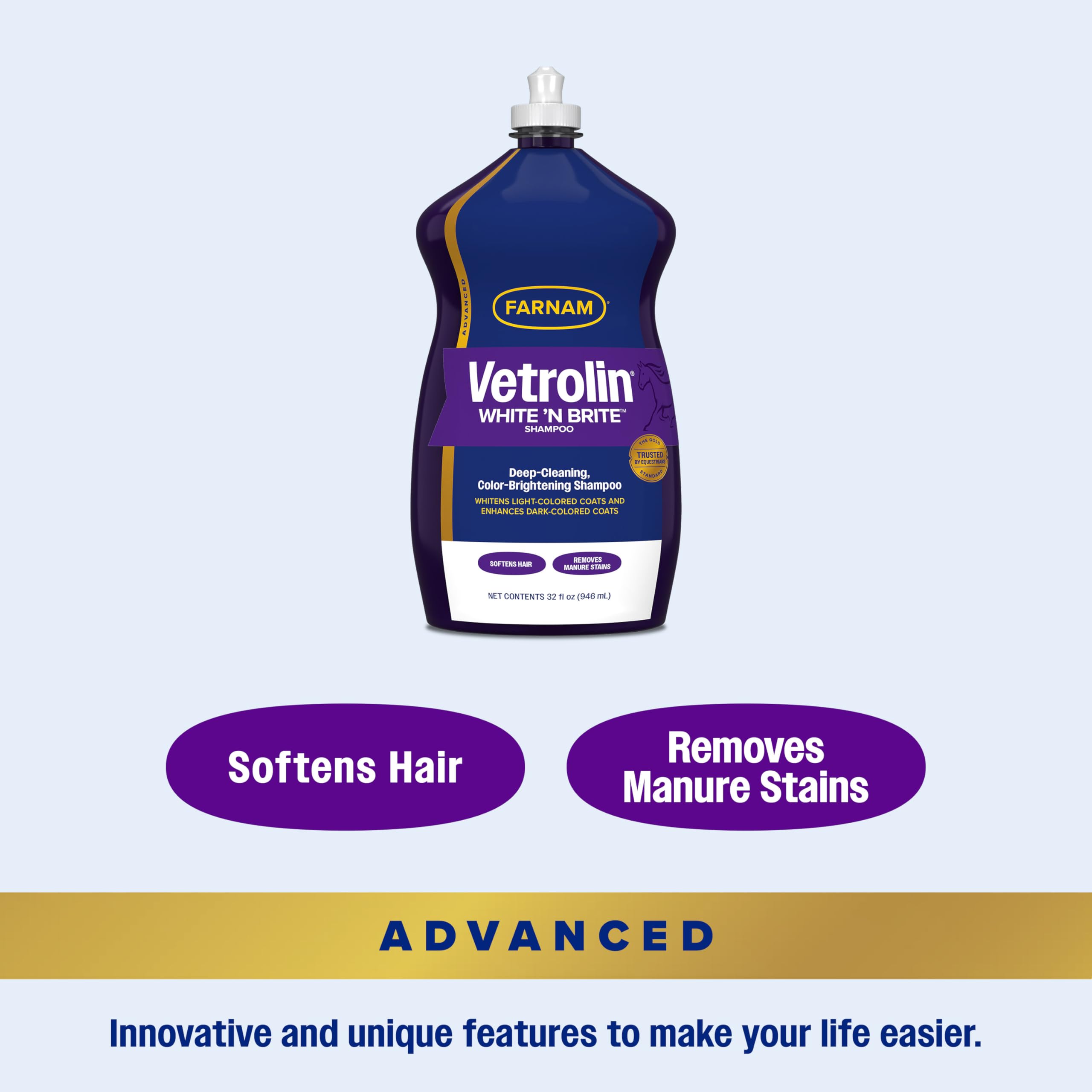 Farnam Vetrolin White N Brite Shampoo, Deep Cleaning and Color Brightening Shampoo for Horses and Dogs, 32 ounces -Like New
