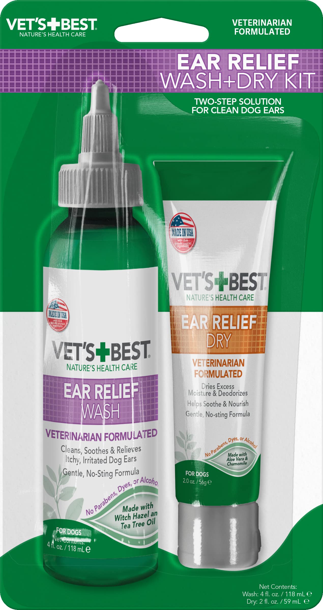 Vets Best Dog Ear Cleaner Kit | Multi-Symptom Ear Relief | Wash & Dry Treatment | Alcohol-free, 4-oz bottle