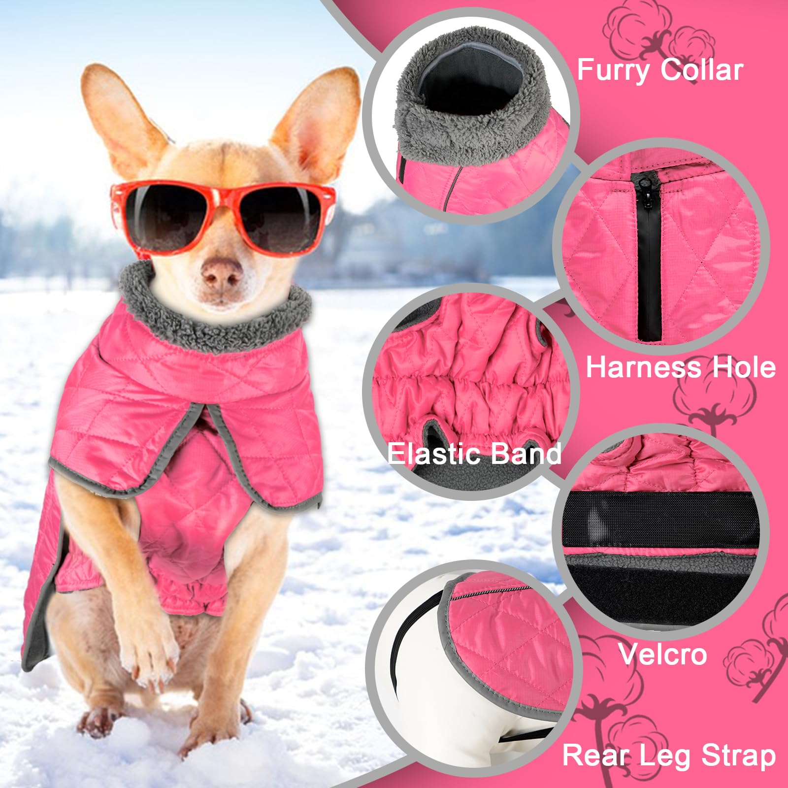 Fragralley Waterproof Windproof Dog Coat, Reflective Fleece Vest, Small, Pink, Model TC2011