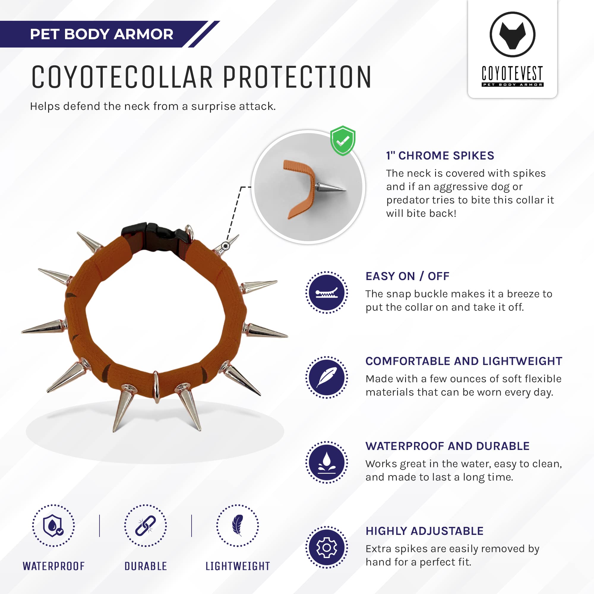 Coyotecollar Spiked Dog Collar - Brown Small Adjustable And Studded For Protection Against Coyotes And Aggressive Dogs