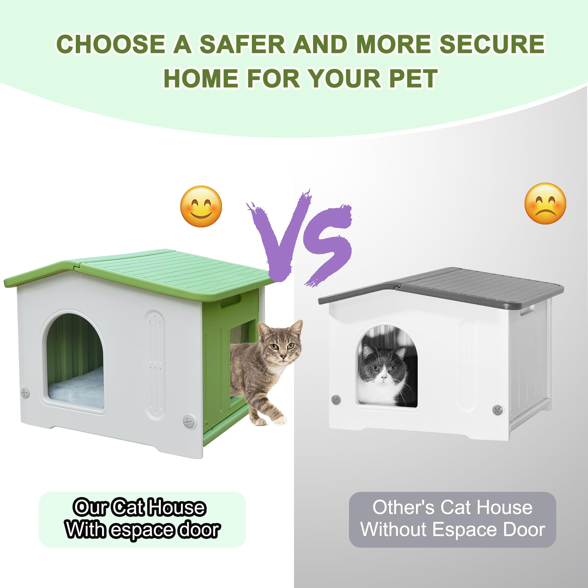 Weatherproof Cat House for Outdoor Indoor Use, Plastic Feral Cat House with Escape Door and Soft Mat, Outside Cat Shelter for Sm