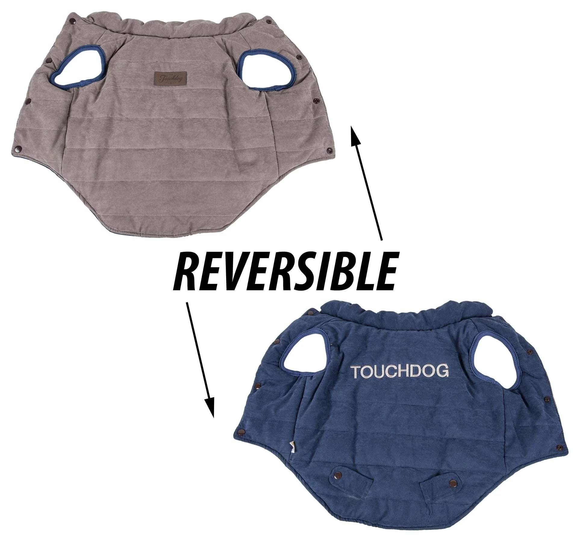 TOUCHDOG 'Waggin Swag' Fashion Designer Reversible 3M Insulated Pet Dog Coat Jacket, Large, Blue / Grey
