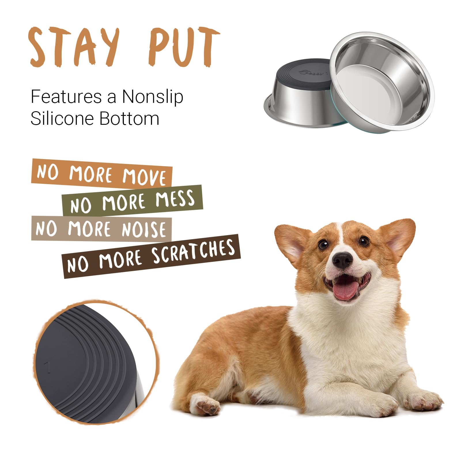 PEggY11 Deep Stainless Steel Anti-Slip Dog Bowls, 2 Pack, 3 cups