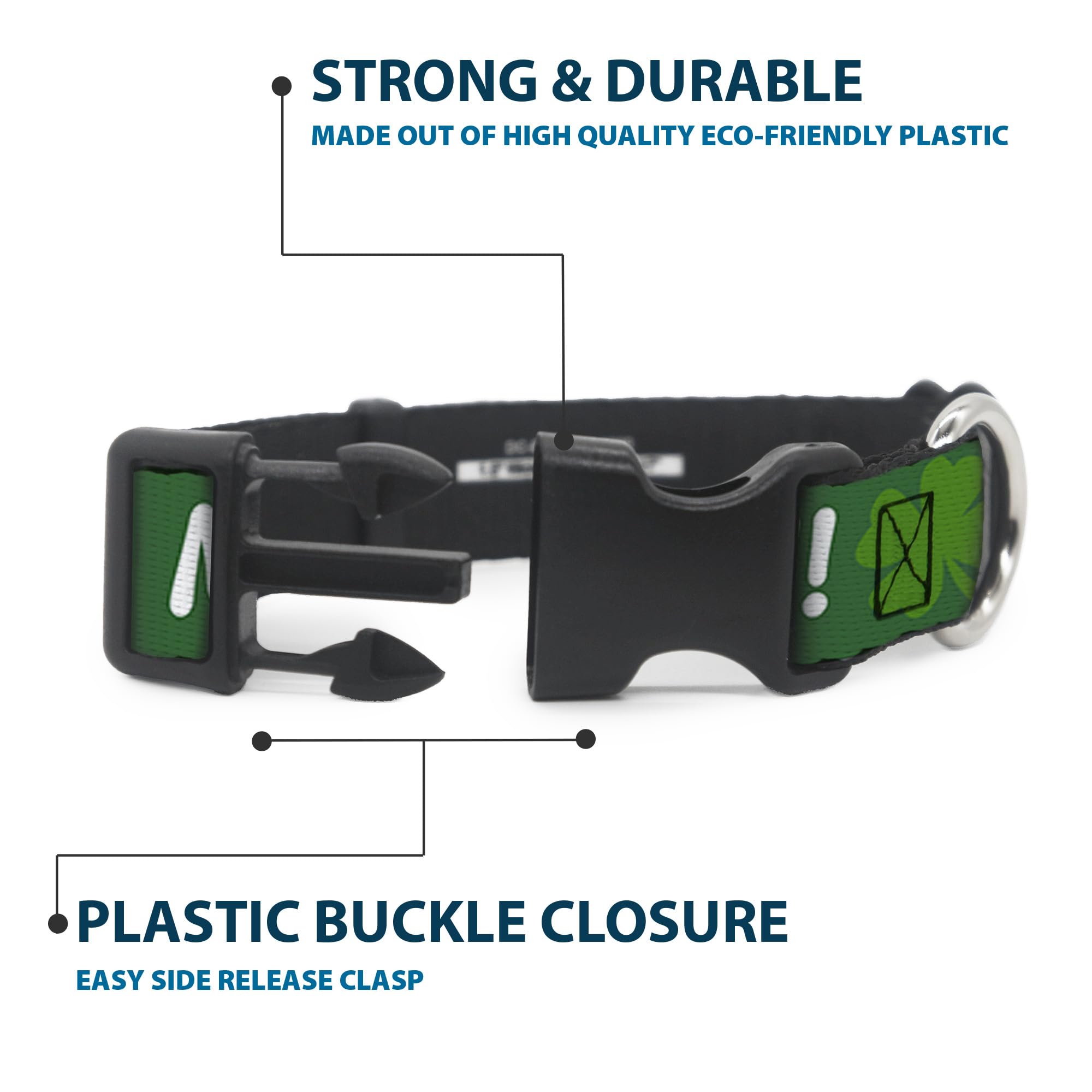 Buckle-Down 9-15' Kiss Me, I'M Irish! Clovers Green/White Plastic Clip Collar, Small