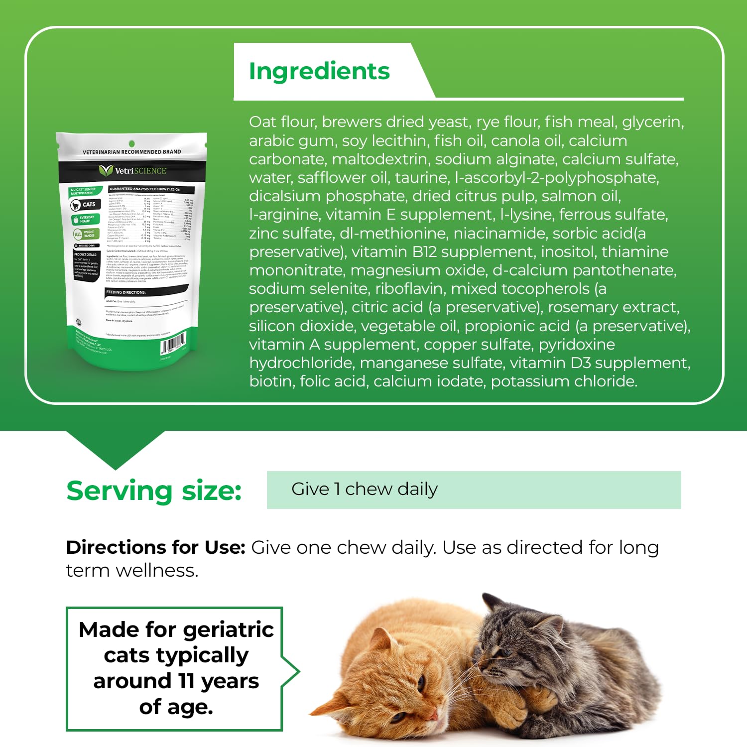 VetriScience Nu Cat Senior Multivitamin with Lysine for Cats - 30 Chews - Cat Supplements & Vitamins Designed to Support Heart,