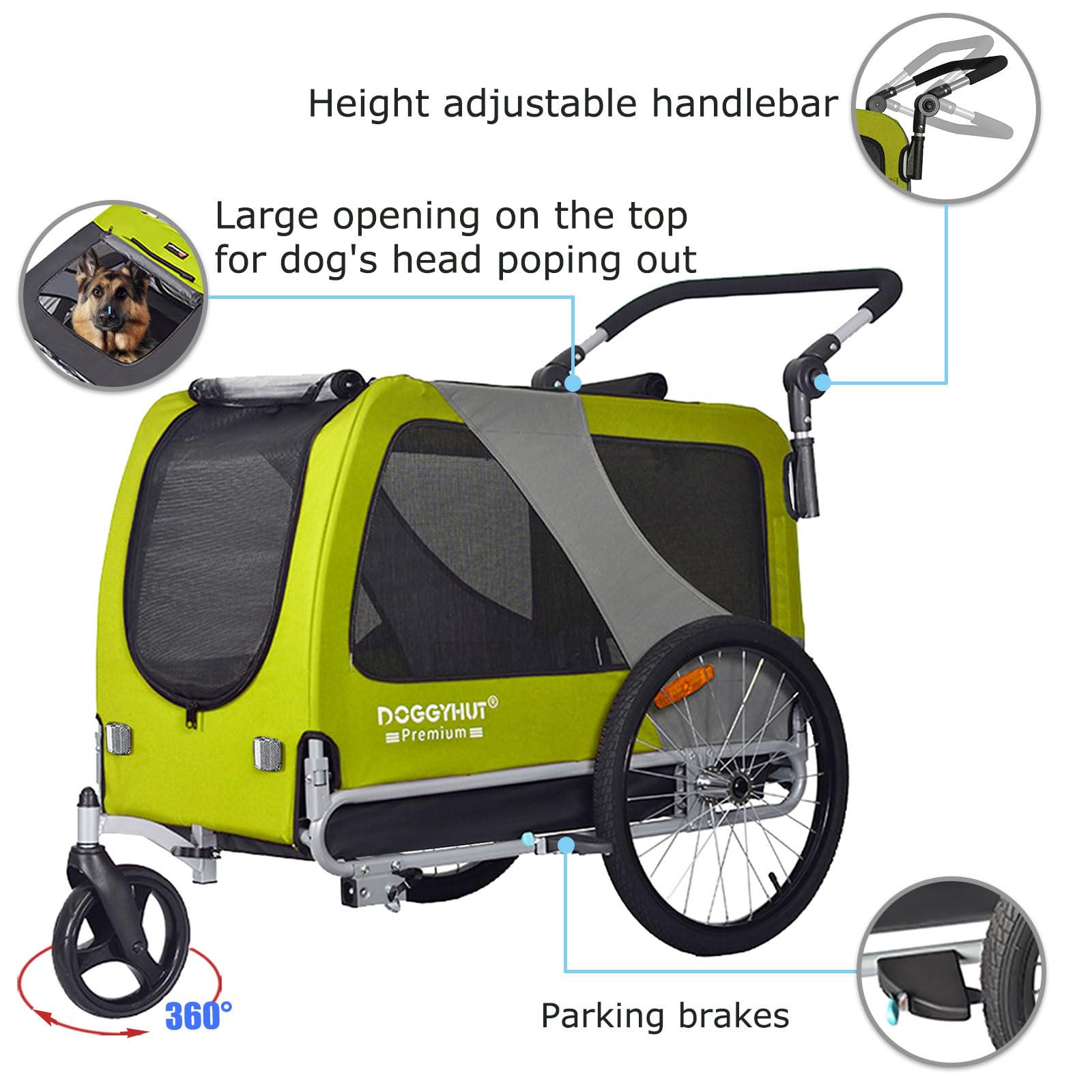 Doggyhut Premium Pet Bike Trailer & Stroller For Small,Medium Or Large Dogs,Bicycle Trailer For Dogs Up To 100 Lbs (Lime Green, Xl)