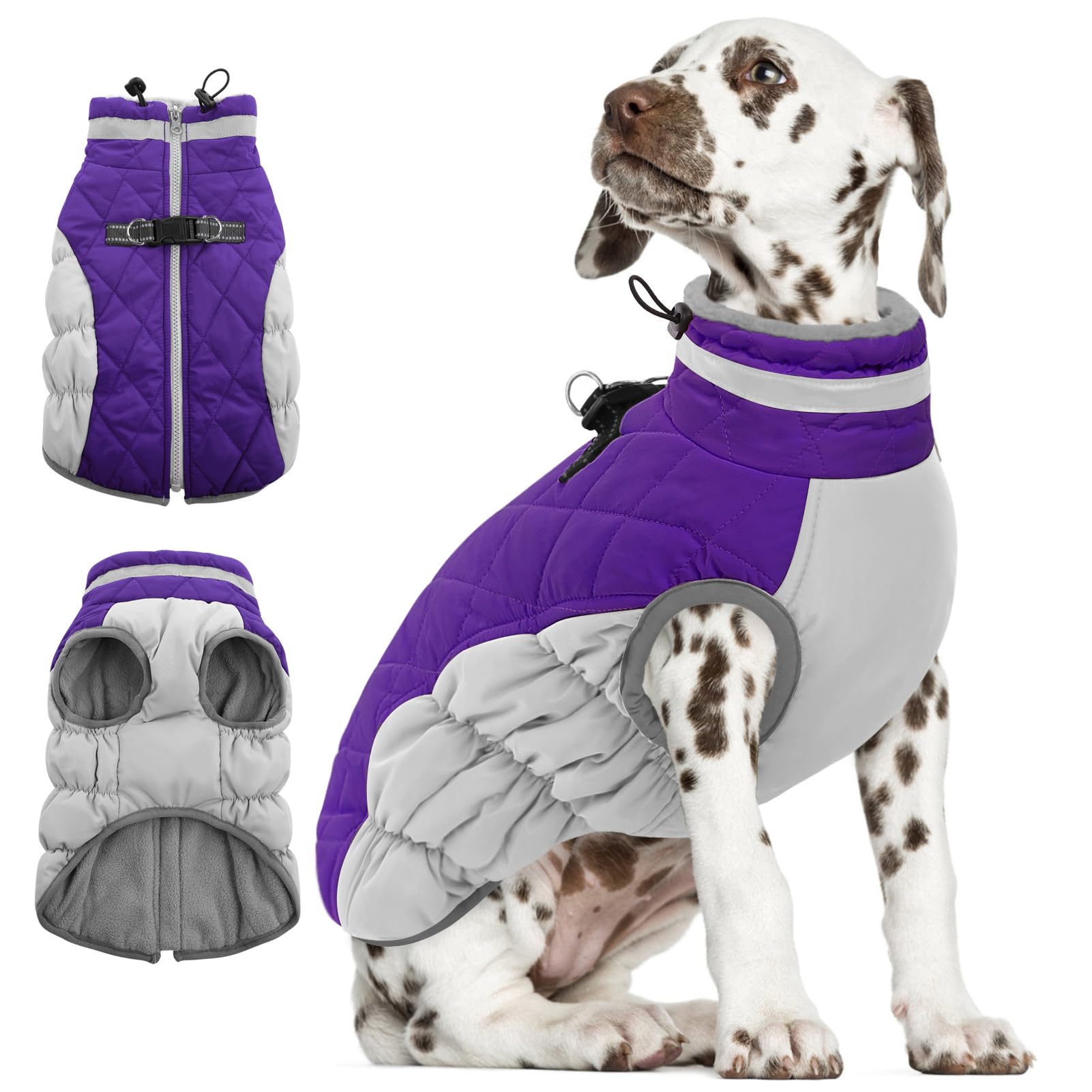 Aofitee Winter Dog Coat Warm Fleece Dog Jacket For Cold Weather, Reflective Zip Up Puppy Dog Sport Vest With Leash Rings, Outdoor Pet Sweater Apparel Clothes For Small Medium Large Dogs, Purple Xs