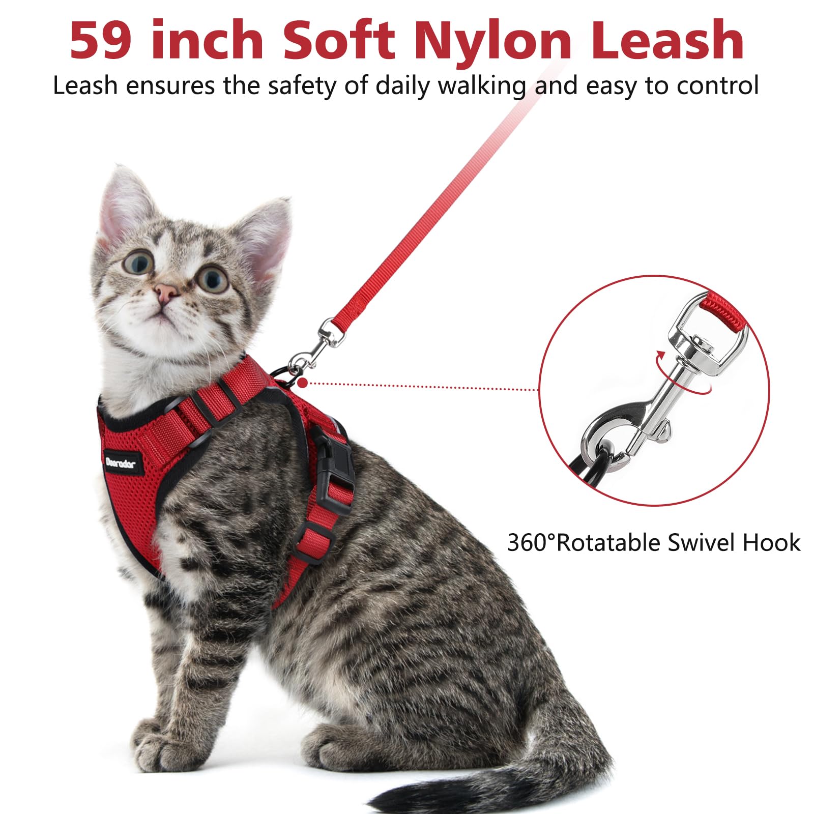 Dooradar Cat Harness And Leash Set, Escape Proof Safe Adjustable Kitten Vest Harnesses For Walking, Easy Control Soft Breathable Mesh Jacket With Reflective Strips For Cats, Red, Xs