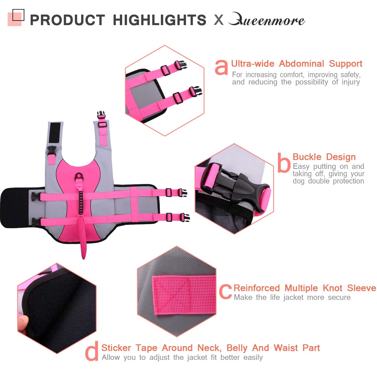 Queenmore Dog Life Jacket Ripstop Shark Dog Safety Vest Adjustable Preserver With High Buoyancy And Durable Rescue Handle For Small,Medium,Large Dogs, Pink Shark Small