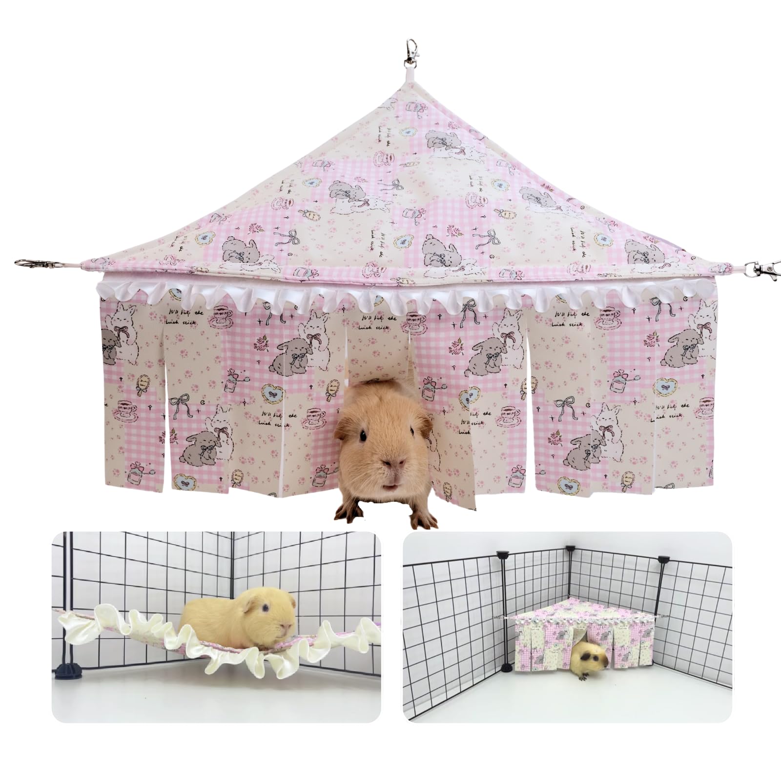CAVYPOP 2-in-1 Guinea Pig Hideout & Bed Hammock - Washable Pink Plaid Fleece Decor with Thick Mat - Cage Accessories for Small A