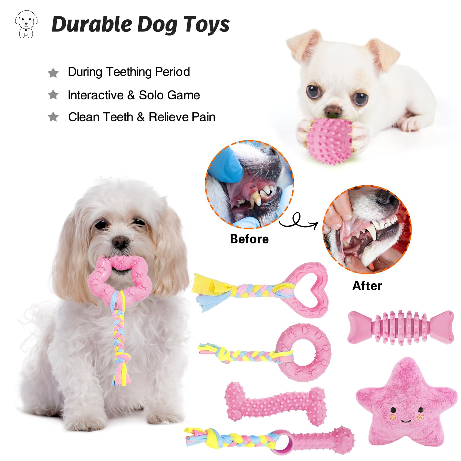 MRSOHRET Puppy Toys, 8 Pack Puppy Chew Toys for Teething, Cute Pink Small Dog Toys Set, Teething Toys for Puppies, Soft Durable