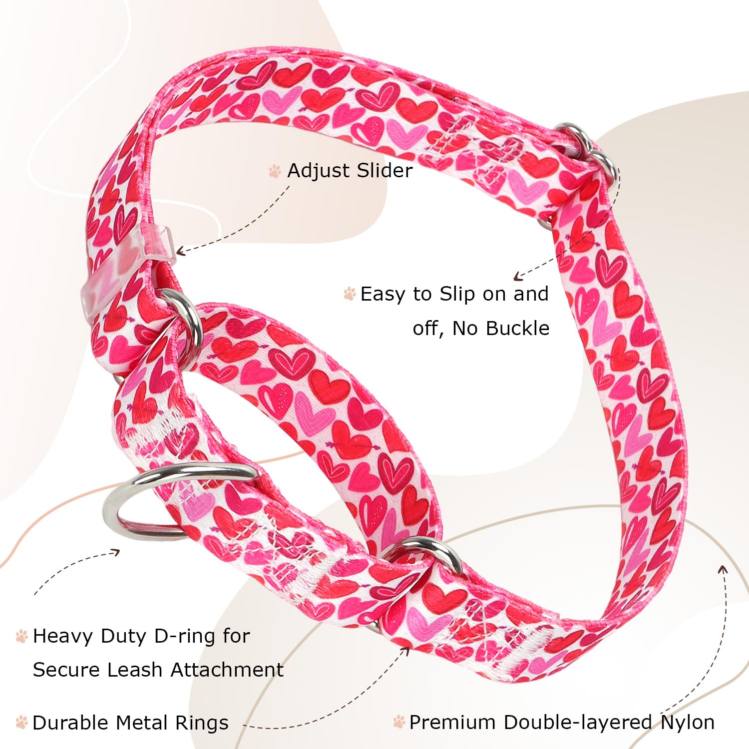 Pink Martingale Dog Collar For Medium Large Dogs, Heavy Duty Adjustable Collar With Heart Love Design, No Slip Collar For Girl O