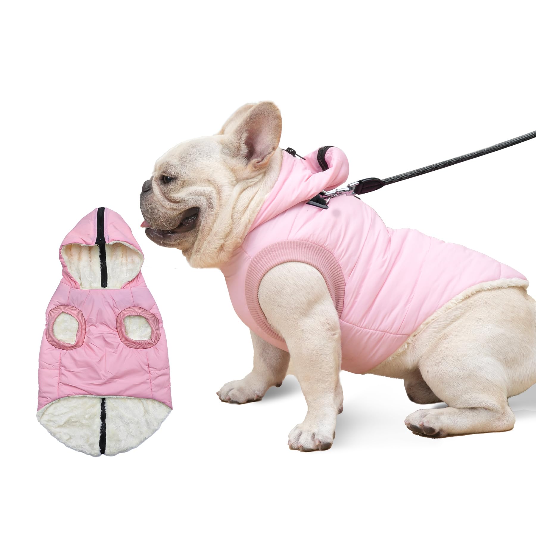 Vecomfy Fleece Lining Dog Hoodie With Harness Built In,Extra Warm Medium Dog Jacket In Winter Doggie Coats With Hooded,Light Pink Xl