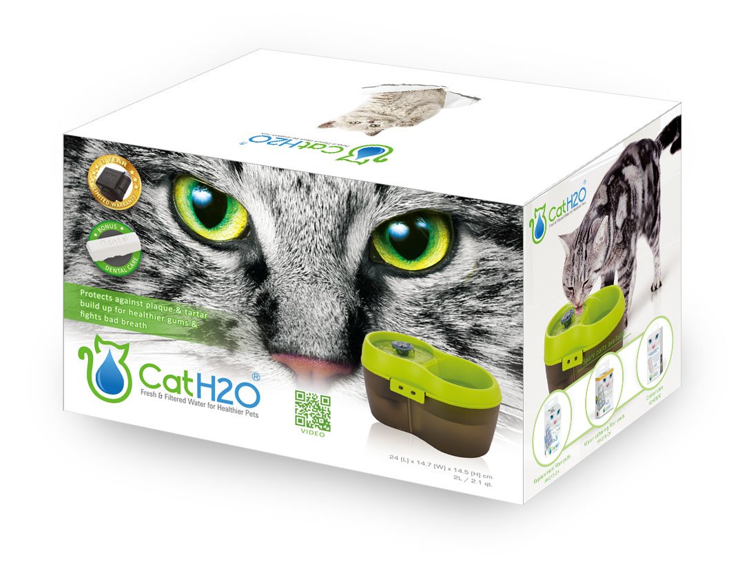 Cat H2O Filtered Cat Water Fountain 67 Fl. Oz/2.1 Quart With Filter & Dental Care Tablet, Lime Green/Translucent Black