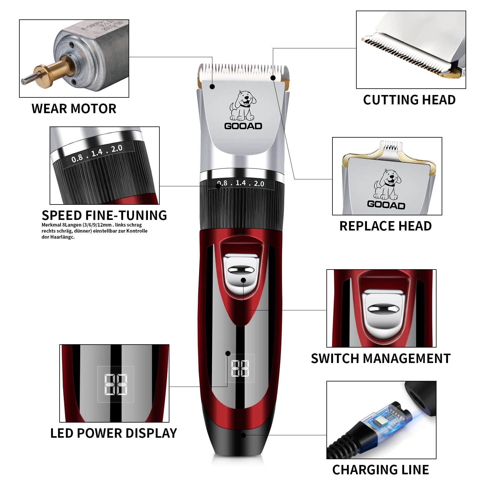 Gooad Dog Clippers Grooming Kit And Paw Trimmer,Low Noise, Electric Quiet,Rechargeable,Cordless, Pet Hair Clippers For Thick Coa