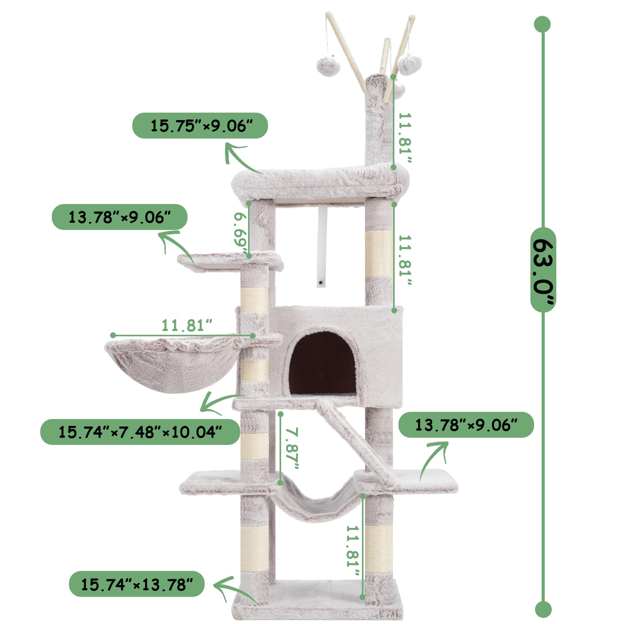 Gitelsnour Cat Tree, 63 Inch Multi-Level Cat Tower For Indoor Cats, Cat Condo With Cat Scratching Post And Board, Cat Hammock, M