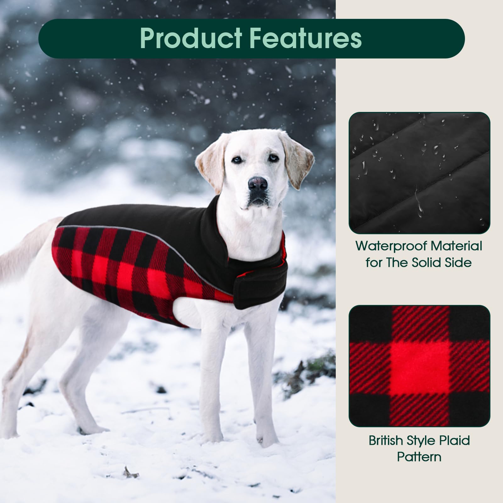 Kuoser Reversible Coat - Warm Waterproof Dog Jacket, British-Style Plaid Winter Coats For Large Dogs