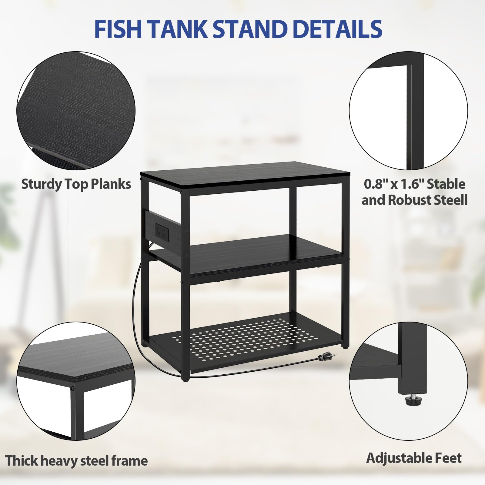 Livofloral 20-29 Gallon Fish Tank Stand with Power Outlets, 3-Tier Metal Aquarium Stand, Breeder Reptile Tank Stand with Shelf f