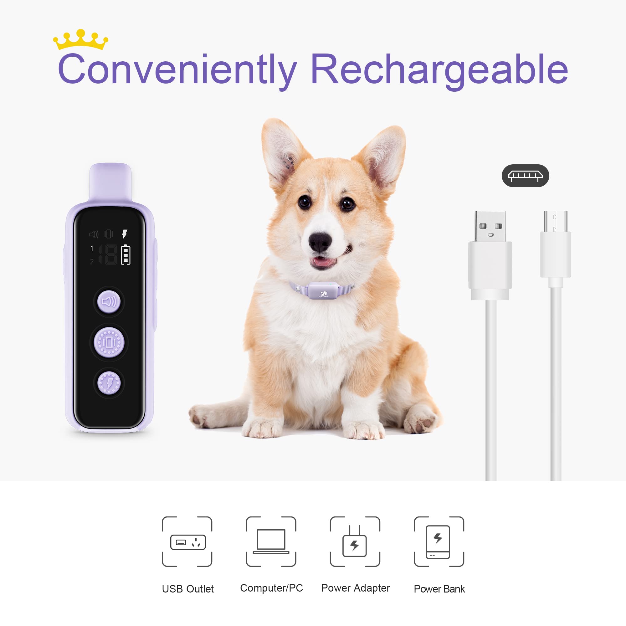 Bousnic Waterproof Rechargeable Shock Collar for Dogs - Remote Training Collar with Beep, Vibration, Safe Shock Modes (Purple, 8-120 lbs)