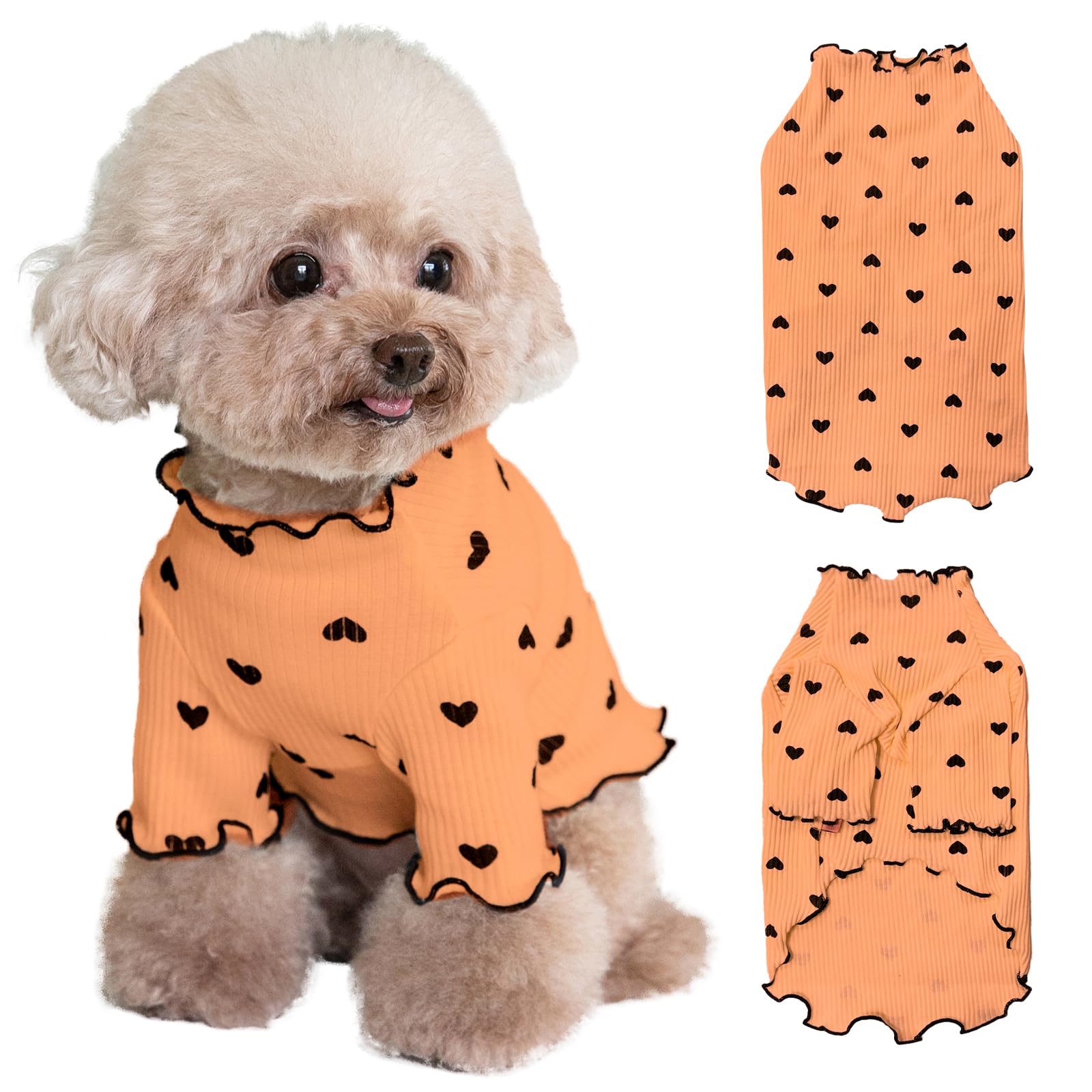 Yaopelky Pet Clothes For Small Dogs Cat Summer Fall Heart Print Shirt Stretchable Ruffle Long Sleeve Outfits For Chihuahua Schna