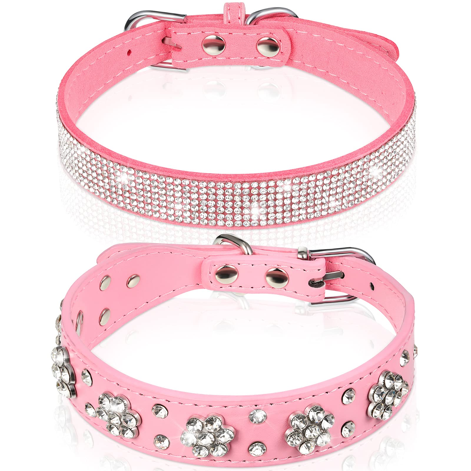 2 Pieces Pu Leather Dog Collar Pink Rhinestone Pet Collar Flower Pattern Studded Dog Collar Adjustable Bling Puppy Collar Pu Leather Crystal Pet Collars For Dogs (S:11-13 Inch)