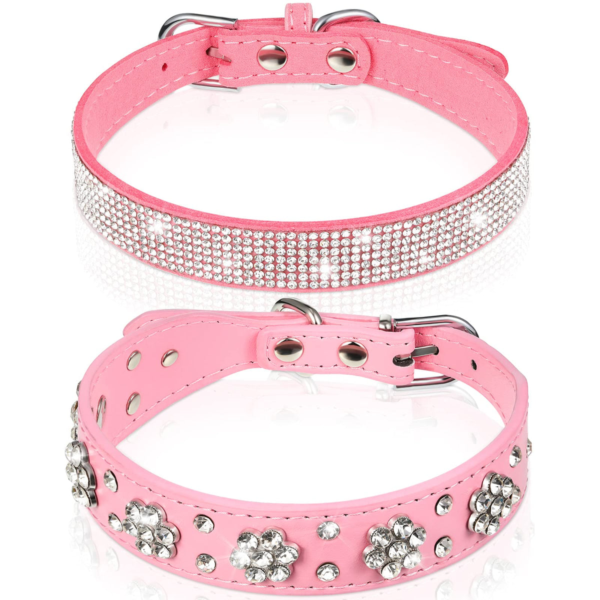 2 Pieces Pu Leather Dog Collar Pink Rhinestone Pet Collar Flower Pattern Studded Dog Collar Adjustable Bling Puppy Collar Pu Leather Crystal Pet Collars For Dogs (S:11-13 Inch)